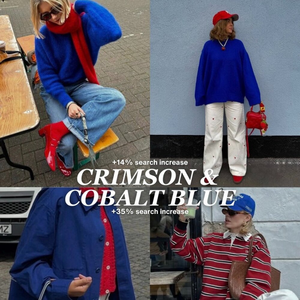 Handmade PetiteKnit Sophie Skinny Scarf Crimson & Cobalt Blue | Scandi Cool Girl - Picture 4 of 15